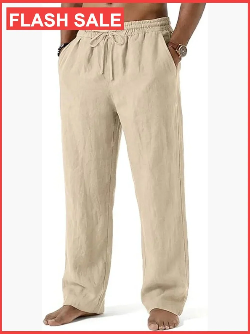 Men's Linen Blend Drawstring Pants Loose Fit Casual Trousers with Pockets